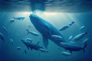 illustration of shoals of blue whales under water, ocean photo