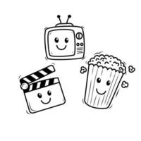 Popcorn and movie doodle with facial expressions isolated on white background vector