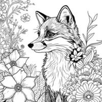 Fox coloring pages for adults Flower fox on a white background vector