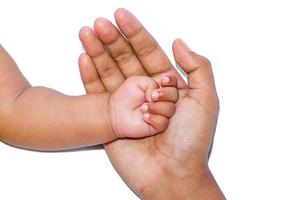 A new born baby's soft hand on mother's hand on a white background. photo