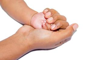 A new born baby's soft hand on mother's hand on a white background. photo