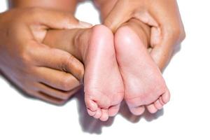 A mom holding babys two feet on a white background. photo