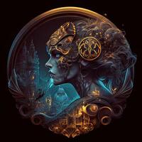 illustration of cyberpunk Zodiac sign with a industrial smoke, mechanic detail on shoulders, pollution, centered inside intricate gold and fire circle of city and Skyscrapers, steam punk photo