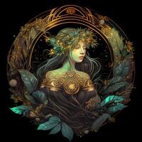 illustration of cyberpunk Zodiac sign with a forest growing on shoulders, galaxy, centered inside intricate gold circle of foliage photo