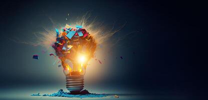 illustration of bright idea for business, education, star up growth, light bulbs on dark background, idea concept photo