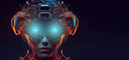 illustration of Metaverse concept and virtual world elements. Side view of human face in augmented or virtual reality headset inside the metaverse photo