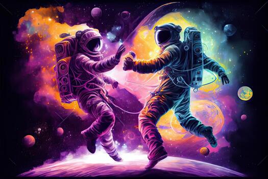 illustration of two astronauts, dressed in spacesuits, are floating in zero gravity while dancing closely. The background is a breathtaking view of the galaxy, with stars and nebulae photo