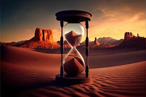 illustration of hourglass on the nature background . Time of the earth. photo