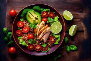 illustration of healthy salad bowl with quinoa, tomatoes, chicken, avocado, lime and mixed greens, lettuce, parsley on wooden background top view. Food and health. photo