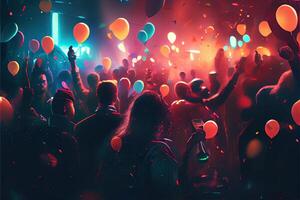 illustration of New Year's Eve party background, pop color, group of people dancing and joyful, countdown, neural network generated art. Digitally painting, generated image. photo