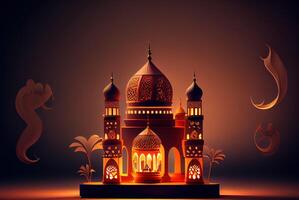 illustration of Islamic holiday. Ramadan night. Mosque and lantern displayed on stages with glowing light in the evening. Wallpaper and banner background. photo