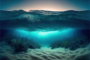 Generative AI illustration of Ocean depth. Underwater empty landscape, ocean bottom, sea wave photo