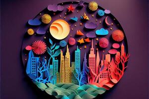 illustration of Photo paper cut quilling multidimensional paper cut, craft paper illustration, fireworks and beautiful city in new year eve, national day with colored lights, pop color.