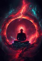 illustration of higher, yoga relax chill out dmt visions spirit. 7 colored chakras meditation DMT hallucinations. Multiverse connected through a nervous system - trippy psychedelic photo