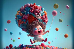 illustration of cute baby character and a lot of lollipops flying around, background confectionery photo