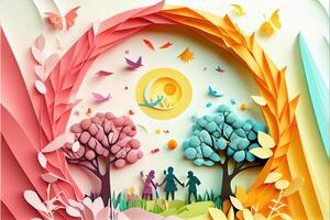 illustration of origami spring background, joyful elderly, happy family with parent, colorful. Paper cut craft, 3d paper illustration style, pop color. Neural network generated art. photo