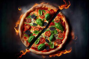 illustration of Homemade pizza with tomato and olives on dark stone background photo