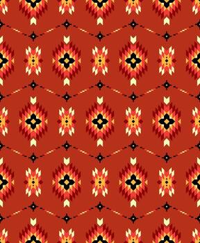 Ikat fabric geometric seamless pattern vector red tone color style. Aztec style.