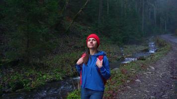 Frau Reisender mit ein Rucksack Spaziergänge auf das Straße im das Berge entlang das Fluss und bewundert das Umgebung Landschaft video