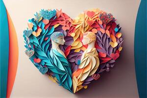 illustration of origami Valentine day background, happy couple, colorful. Paper cut craft, 3d paper style. Neural network generated art. Digitally generated image photo