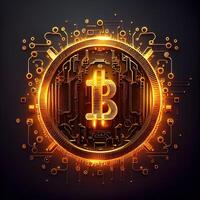 illustration of bit coin bioluminescence, vibrant, dreamy, crepuscular rays, cyberpunk Bitcoin sign with a universal, high tech detail, lighting photo