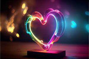 illustration of love heart neon light, decor, bright light, romantic. Love and valentine day concept. Neural network generated art. Digitally generated image. photo