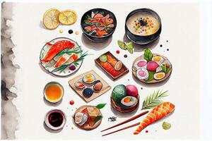 generativo ai ilustración de knolling japonés cocina alimento, acuarela pintar estilo, conjunto de asiático comida foto