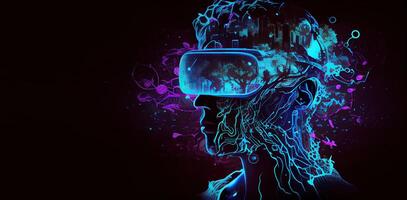 illustration of Metaverse concept and virtual world elements. Side view of human face in augmented or virtual reality headset inside the metaverse photo