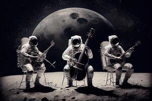 generativo ai ilustración de un trío de astronautas haciendo música en el lunar superficie foto