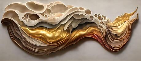 illustration of abstract fluid composing waves of varying sizes and colors is divided into layers, taupe, ivory, white, beige, and soft gold colors, gold glitter photo