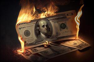 illustration of the metaphorical concept of loss and waste through the image of burning money photo