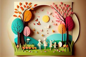 illustration of origami spring background, joyful elderly, happy family with parent, colorful. Paper cut craft, 3d paper illustration style, pop color. Neural network generated art. photo