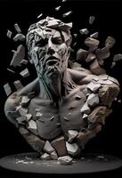 illustration of realistic stone man sculpture broken and pieces in black background. Motivation and surpassing yourself concept photo