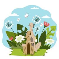 Two dogs sitting on a mat on a sunny and clear day in wild flowers. Picnic with soaring butterflies. Date vector