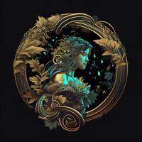 illustration of cyberpunk Zodiac sign with a forest growing on shoulders, galaxy, centered inside intricate gold circle of foliage photo