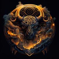 illustration of cyberpunk Zodiac sign with a industrial smoke, mechanic detail on shoulders, pollution, centered inside intricate gold and fire circle of city and Skyscrapers, steam punk photo