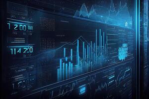 generativo ai ilustración de financiero gráficos, futurista, silueta cripto moneda mercado, isométrica, azul antecedentes foto