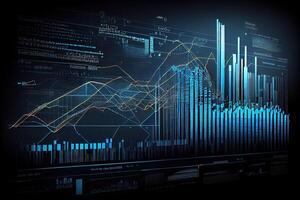 illustration of financial charts, futuristic, silhouette crypto currency market, isometric, blue background photo