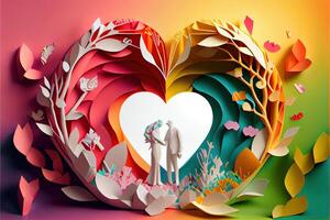 illustration of origami Valentine day background, happy couple, colorful. Paper cut craft, 3d paper style. Neural network generated art. Digitally generated image photo