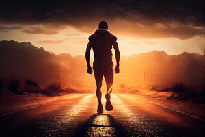 illustration of an athletic man walking on a deserted road into the sunset. The image is focused on the man's leg, which emphasizes his physical fitness and determination photo