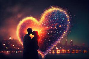 illustration of heart shaped fireworks . Lovers couple background night city . Valentine Day photo