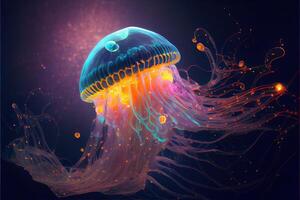 illustration of Glowing sea jellyfishes on dark background, light, magic, sea photo