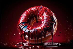 illustration of oil splatters, giant glistening doughnut, dark red candy apple, over top and dripping down sides, floating in black back drop. Digitally generated image photo