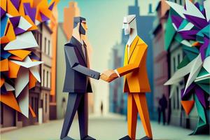 Business man in the city background, colorful. Business handshaking, successful concept. Paper cut craft, 3d paper illustration style. Neural network generated art. photo