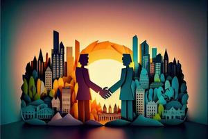Business man in the city background, colorful. Business handshaking, successful concept. Paper cut craft, 3d paper illustration style. Neural network generated art. photo