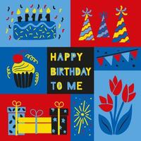 Bold Happy birthday graphic vector concept. Hand drawn elements for birthday party in flat minimalistic style Ideal for social media, graphic poster, postcard, background, print, fabric pattern, cover