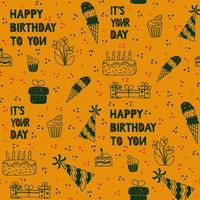 Birthday party doodle outline minimalistic seamless pattern on orange background. Vector hand drawn isolated elements for birthday party. Ideal for background, print, wallpaper, cover, wrapping