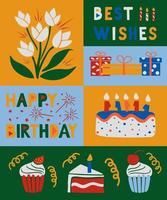 Modern Happy birthday hand drawn vector concept. Elements for birthday party in flat minimalistic style. Perfect for social media, graphic poster, postcard, background, print, fabric pattern, cover