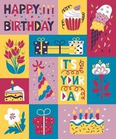 moderno contento cumpleaños vector concepto. elementos para cumpleaños fiesta en plano minimalista estilo. lata ser usado como gráfico póster, tarjeta postal, fondo, imprimir, tela patrón, cubrir, bandera para social medios de comunicación