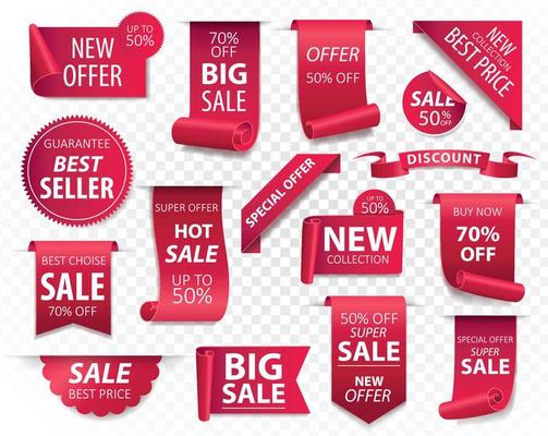 Price tags, red ribbon banners. Sale promotion, website stickers, new offer badge collection isolated. Vector illustration.